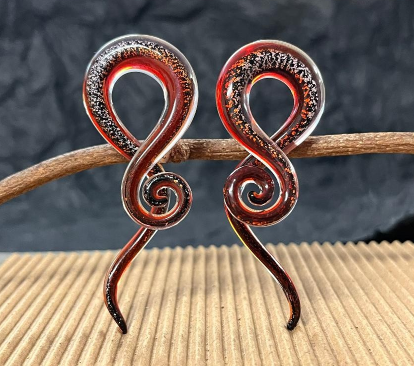 PAIR Red Dichroic Glass Tentacle Spiral Hanging Tapers Expanders Plugs Gauges