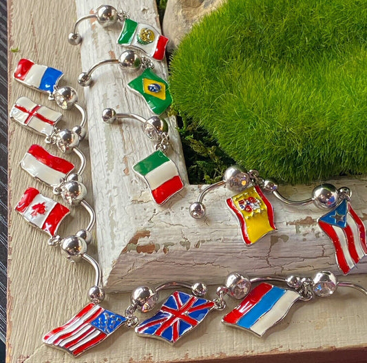 Flag Belly Ring 316L Surgical Steel Pierced Navel Naval Patriotic Country CZ Gem