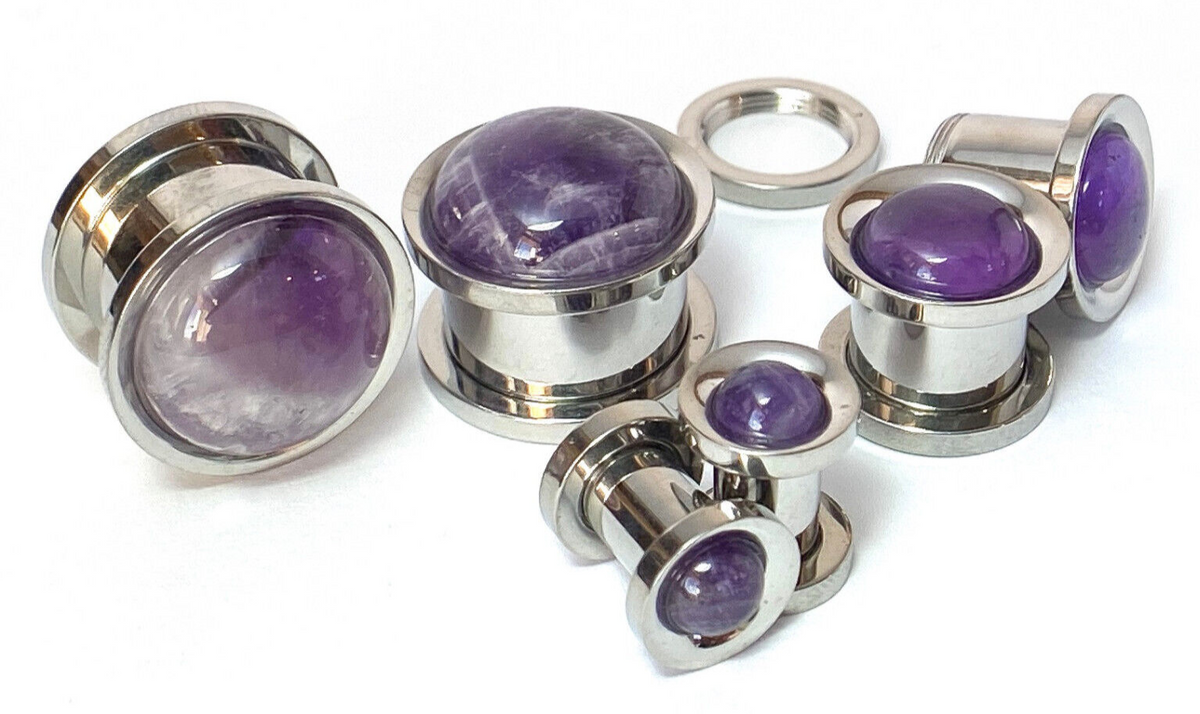 PAIR Amethyst Stone Dome Surgical Steel Screw Fit Tunnels Gauge Amythest Plugs