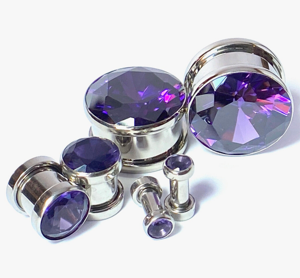 PAIR Large Purple Gem Screw Fit Tunnel Plugs Gauge Pierced Body Jewelry Piercing