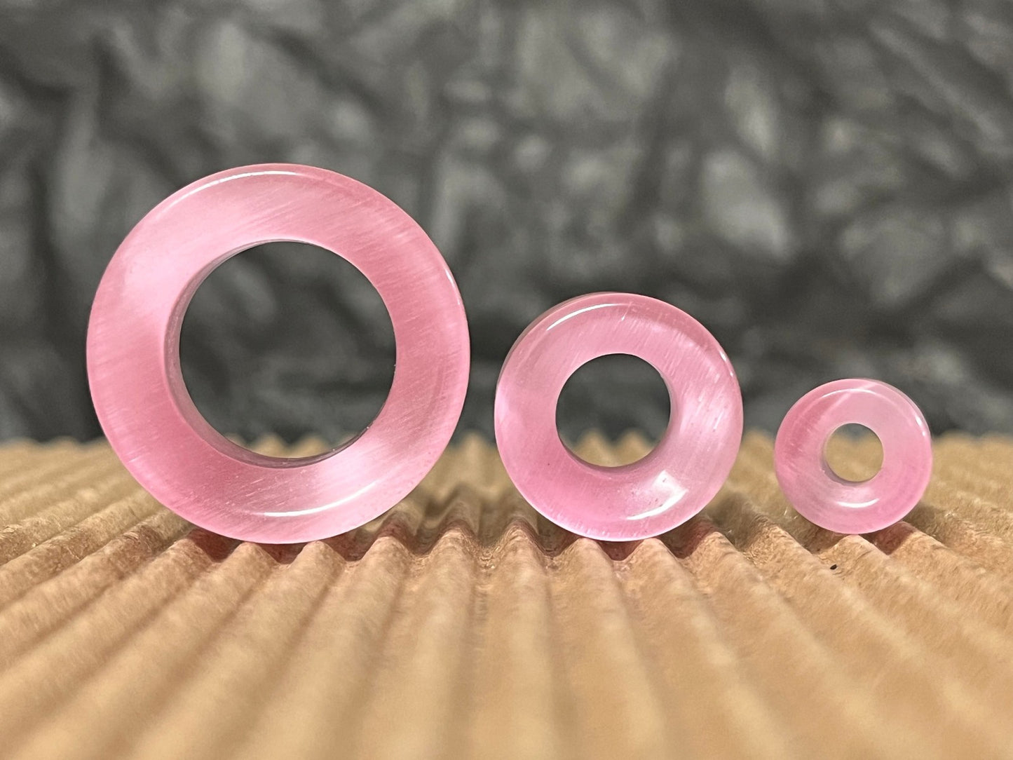 PAIR  Pink Cat Eye Stone Double Flare Tunnels Plugs Earlets Gauges Body Jewelry