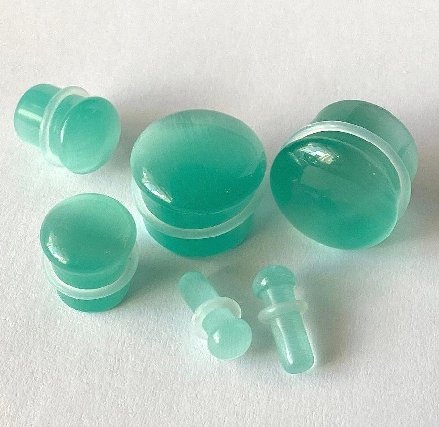 PAIR Seafoam Cat Eye Stone Plugs Single Flare Tunnels Earlet Gauges Body Jewelry