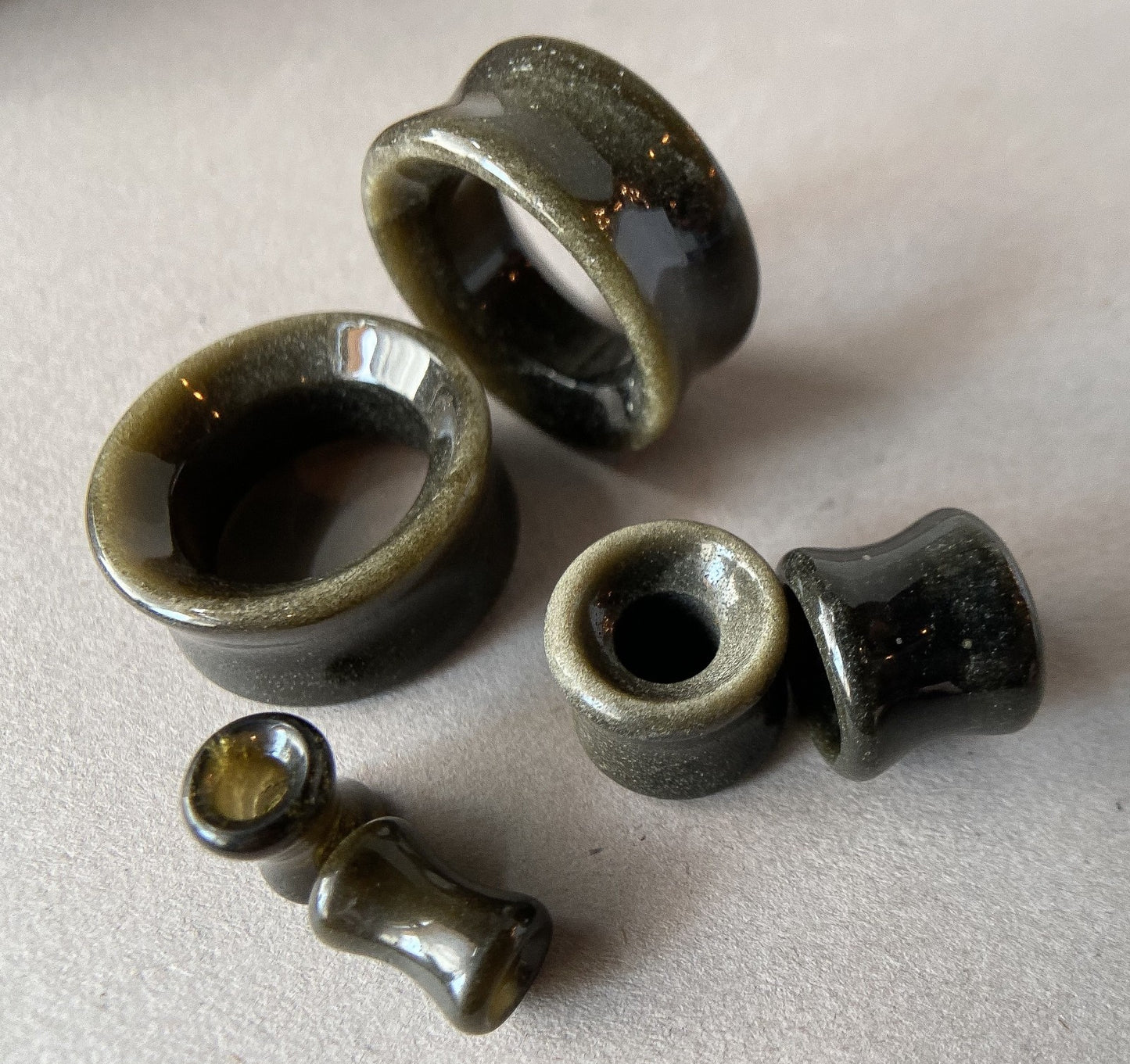 PAIR Golden Obsidian Natural Stone Double Flare Tunnels Plugs Organic Earlets Gauges