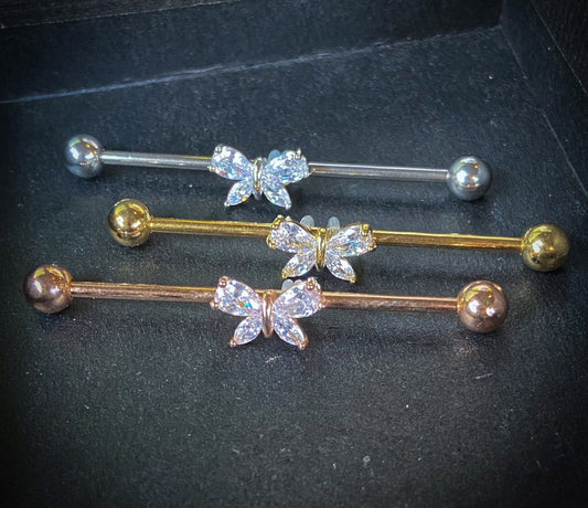 1pc CZ Gem Butterfly Industrial Barbell 38mm, 1.5", 1 & 1/2 inch inches