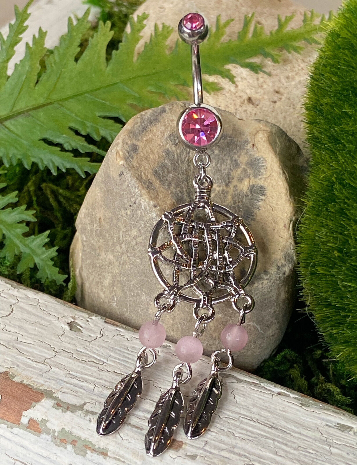 Dream Catcher Beaded Feather CZ Gem Belly Ring Navel Naval Clear, Pink, Aqua