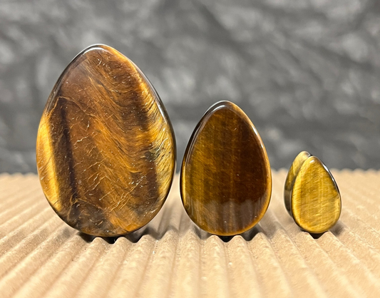 PAIR Teardrop Tiger Eye Stone Plugs Tear Drop Ear Piercing Earlets Gauges