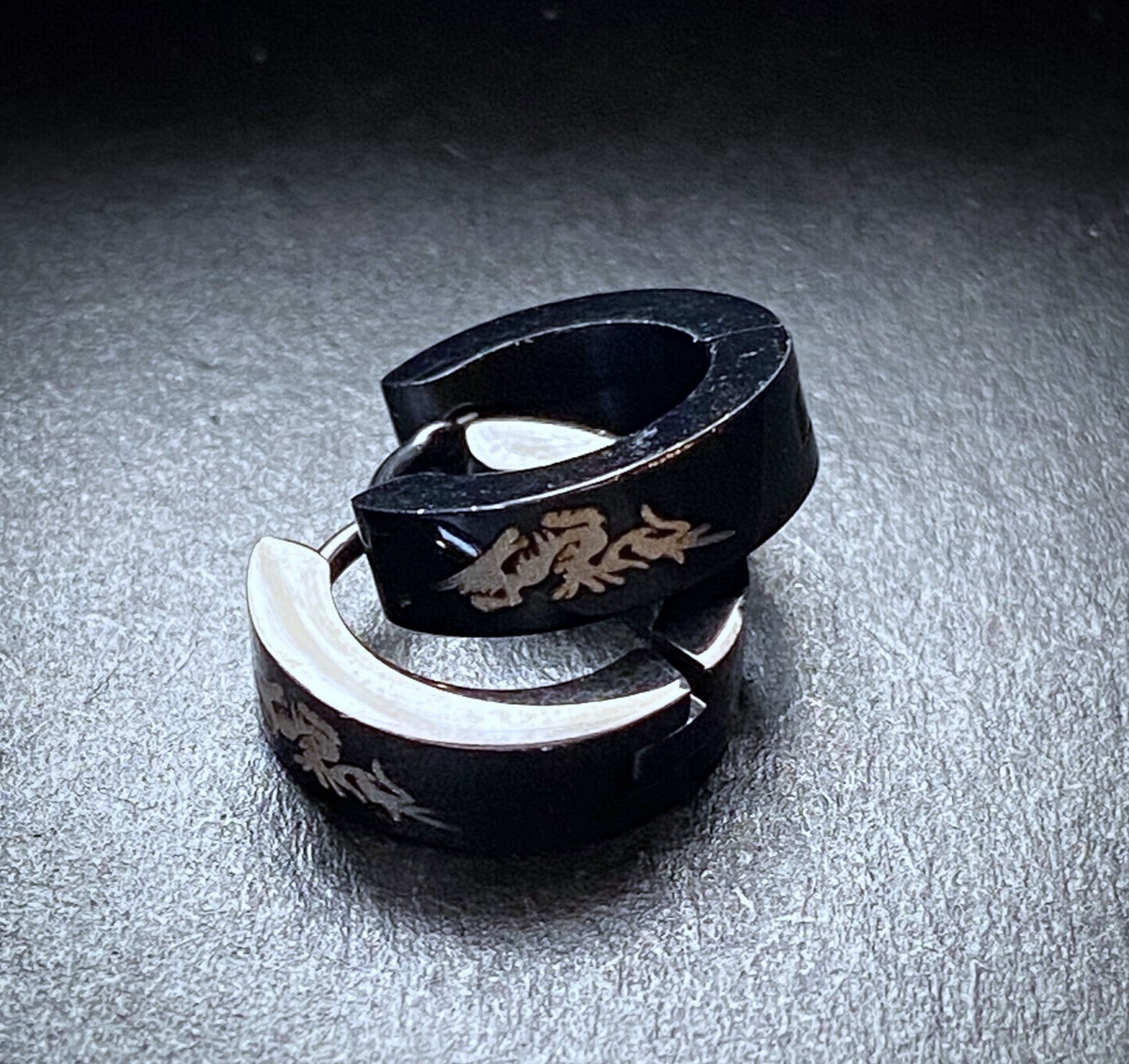 PAIR of Black Steel Hinged Hoop Huggies Earrings w/ Dragon Print Jewelry