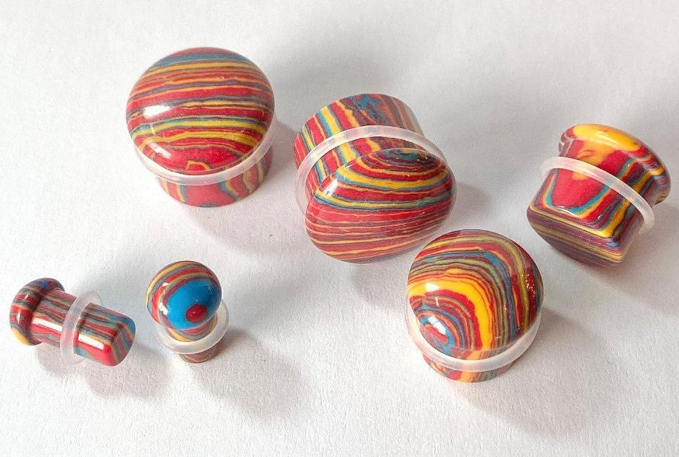 PAIR Primary Colors Tie Dye Malachite Single Flare Stone Plugs Tye Dyed Gauges