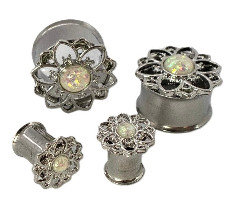 PAIR Flower w/ Opal Center Double Flare Steel Tunnels Plugs Gauges Body Jewelry