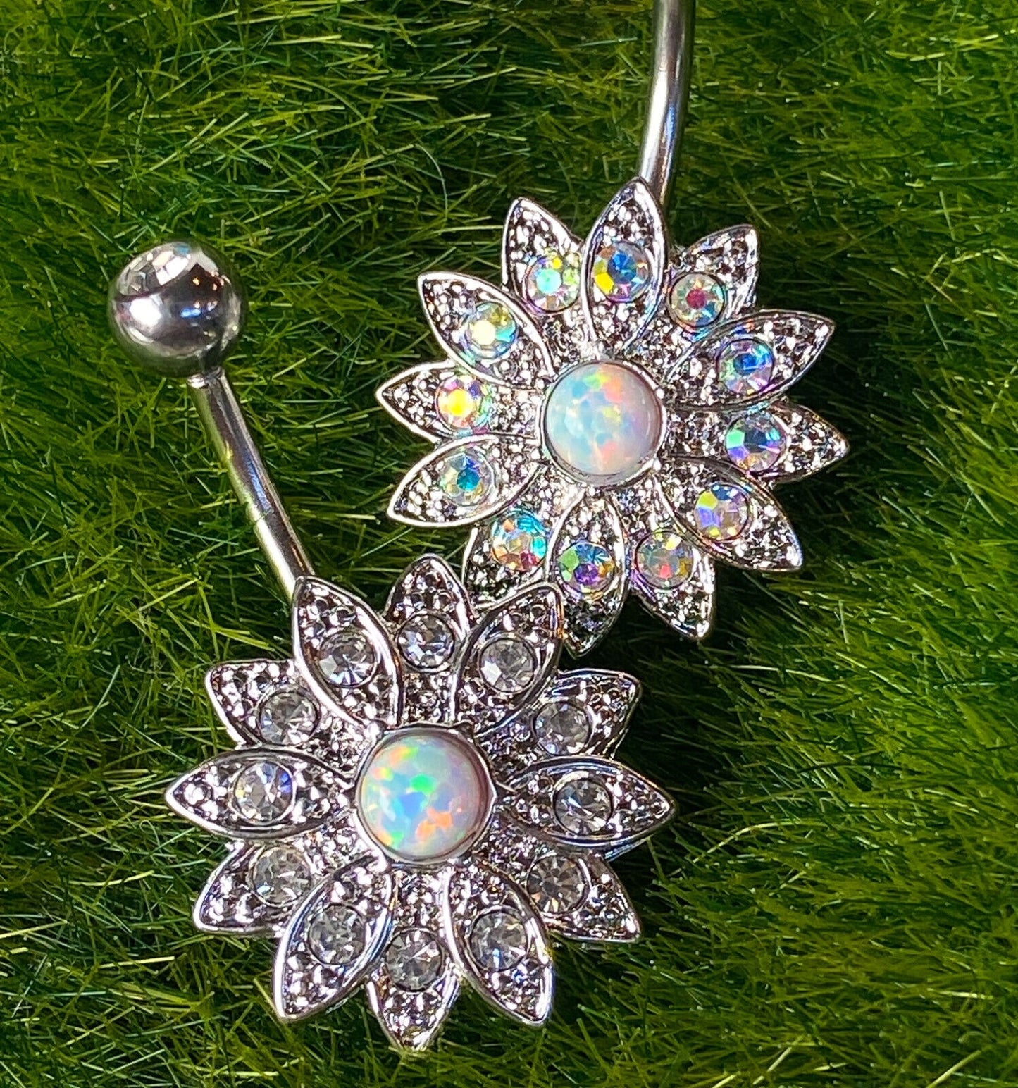 Paved Gems Flower Opal Belly Button Ring Pierced Navel IP 14kt Gold, Rose Gold