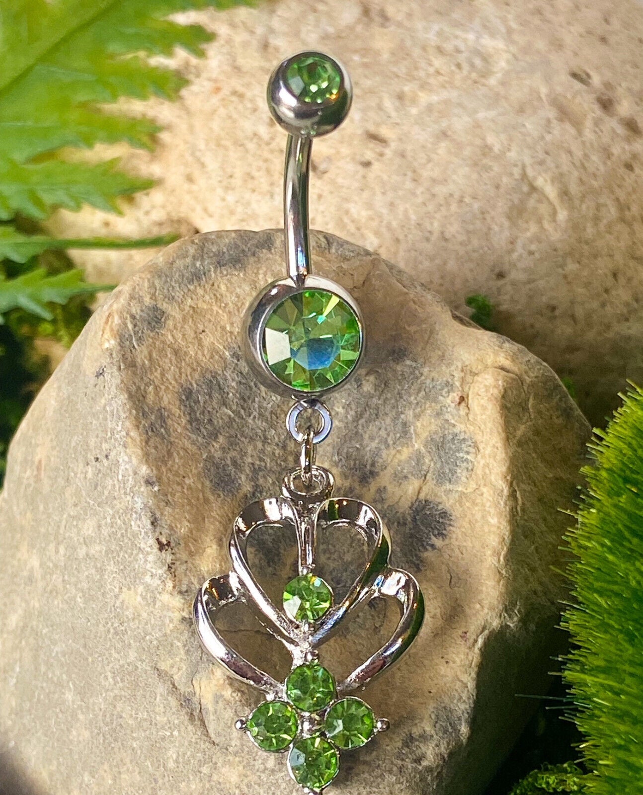 Double Heart Shrine Gem Belly Ring Navel Green, Pink, Red, Aqua, Purple