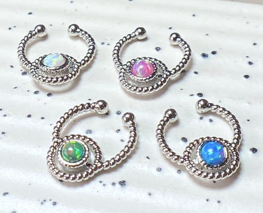 1pc NON-Piercing Silver Roped Circle Design Septum Hanger Opal Gem Fake Ring