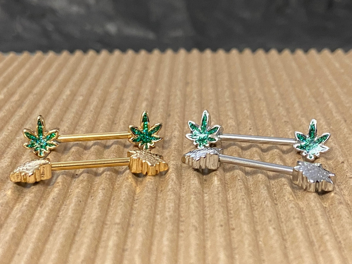 PAIR Glittery Marijuana Leaf Ends Nipple Rings Shields Barbells Pot Body Jewelry