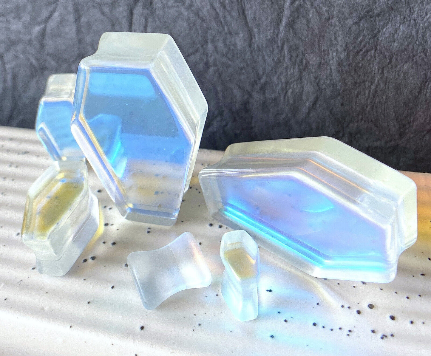 PAIR Luminous Moonstone Iridescent Glass Coffin Shaped Plugs Gauges Tunnels