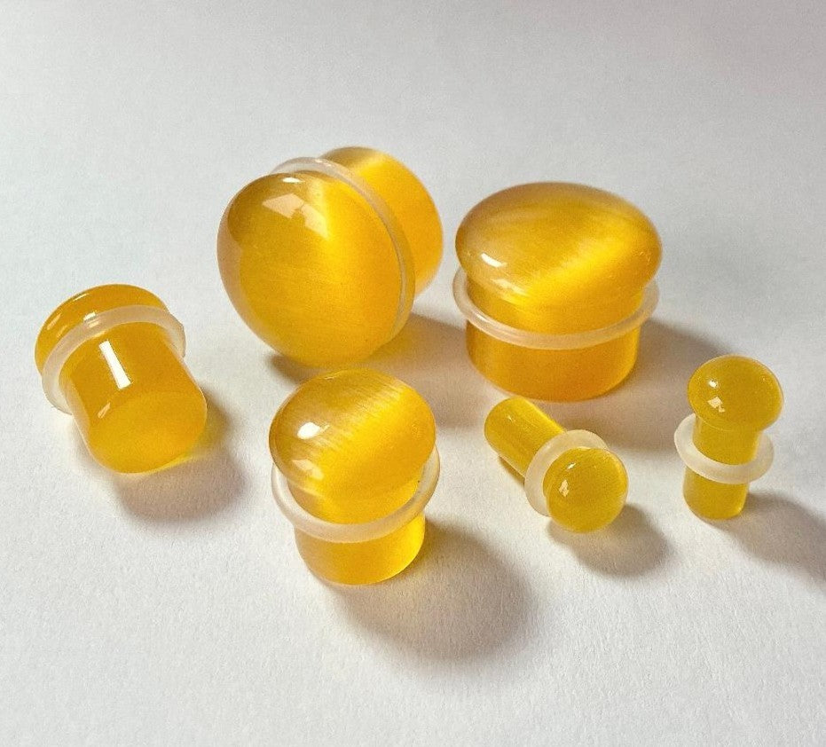 PAIR Yellow Cat Eye Stone Plugs Single Flare Tunnels Earlets Gauges Body Jewelry