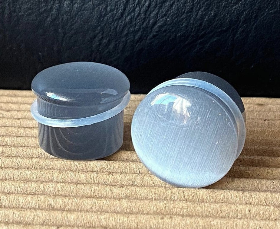 PAIR Gray Cat Eye Stone Plugs Single Flare Tunnels Earlets Gauges Body Jewelry