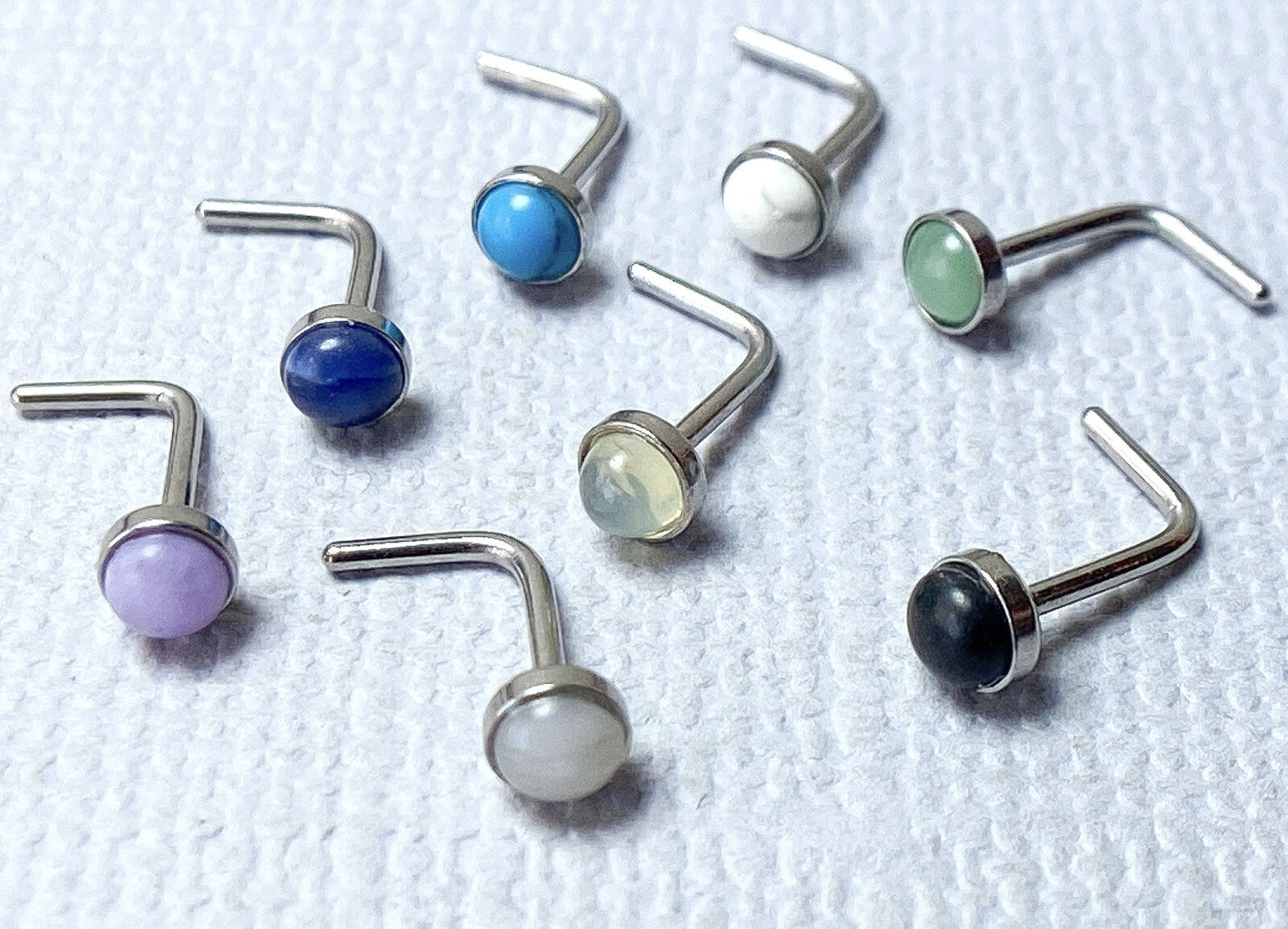 1pc Semi-Precious Stone Set 20g L-Bend Nose Ring Stud Screw 316L Surgical Steel