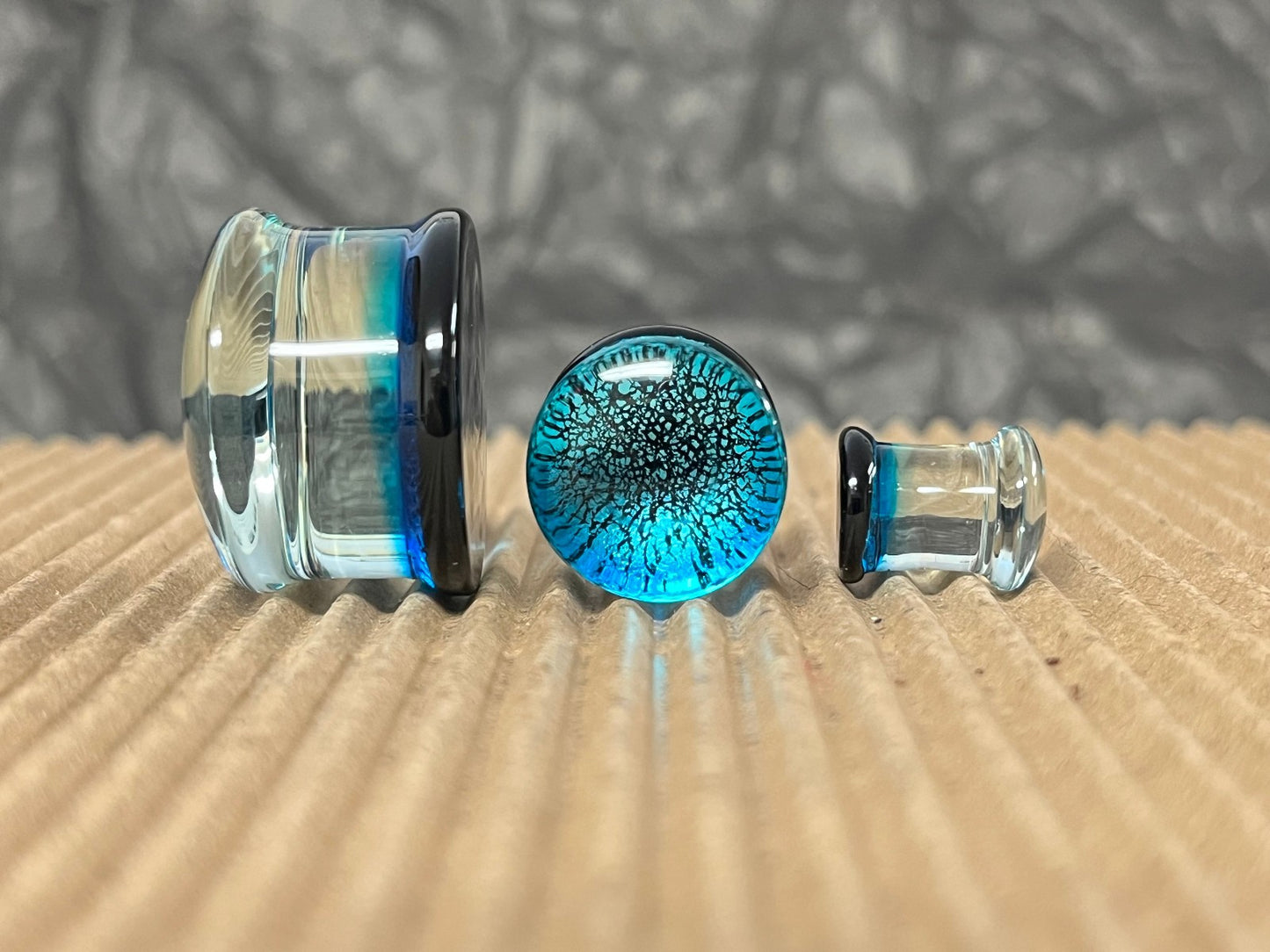 PAIR Ocean Blue Fracture Design Glass Plugs Double Flare Gauge Body Jewelry