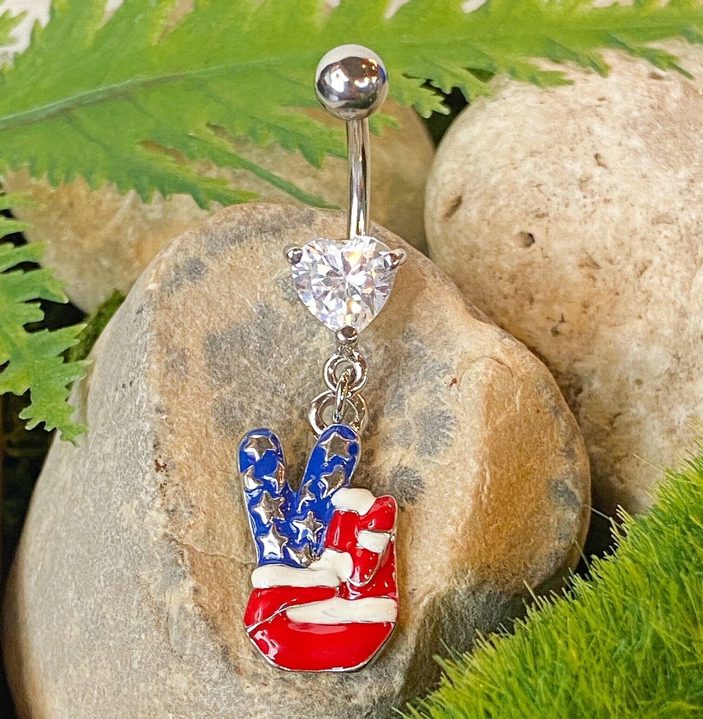 Fingers Peace Sign American Flag Heart Gem Belly Ring Navel Piercing Naval