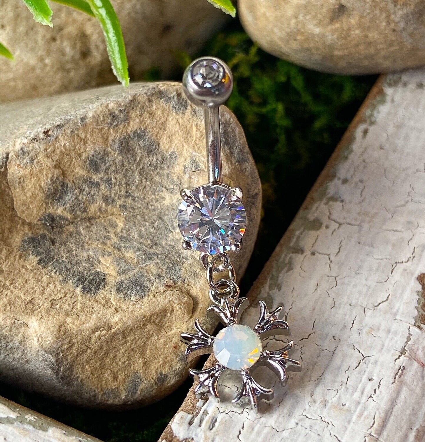 1pc Opalite & CZ Gem Tribal Sun Belly Ring Navel Naval