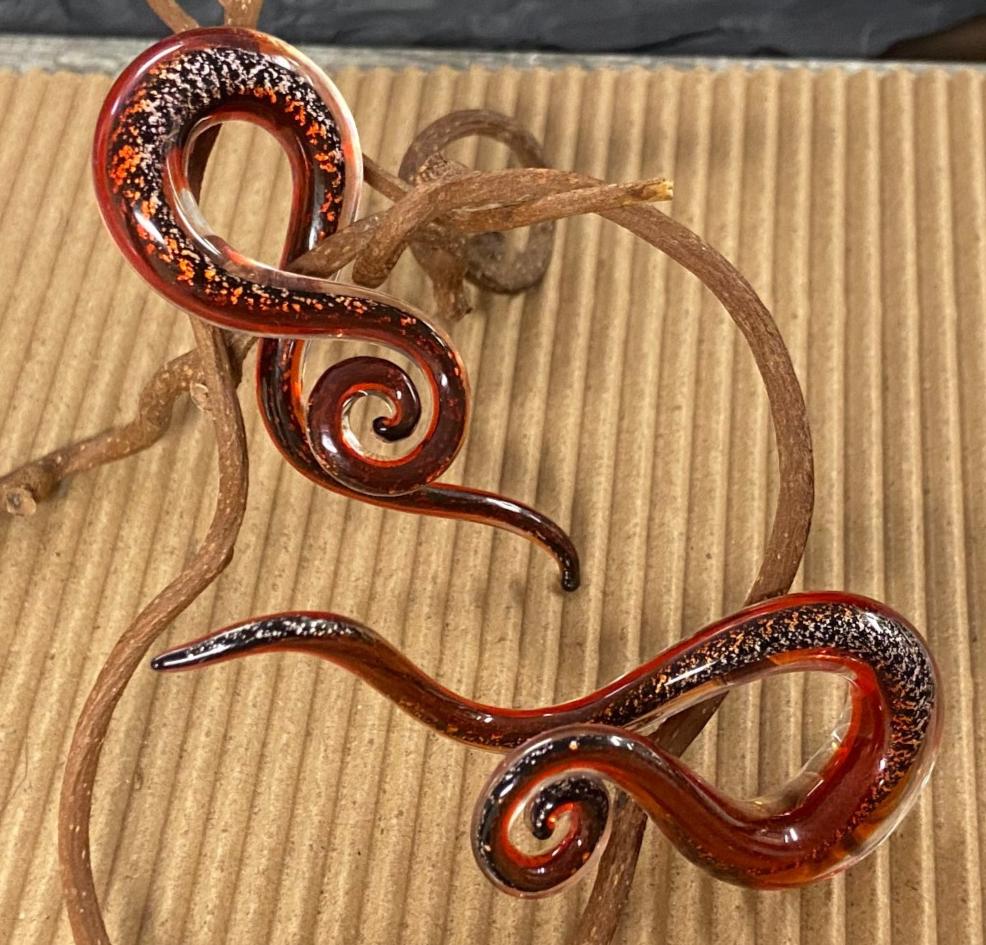 PAIR Red Dichroic Glass Tentacle Spiral Hanging Tapers Expanders Plugs Gauges