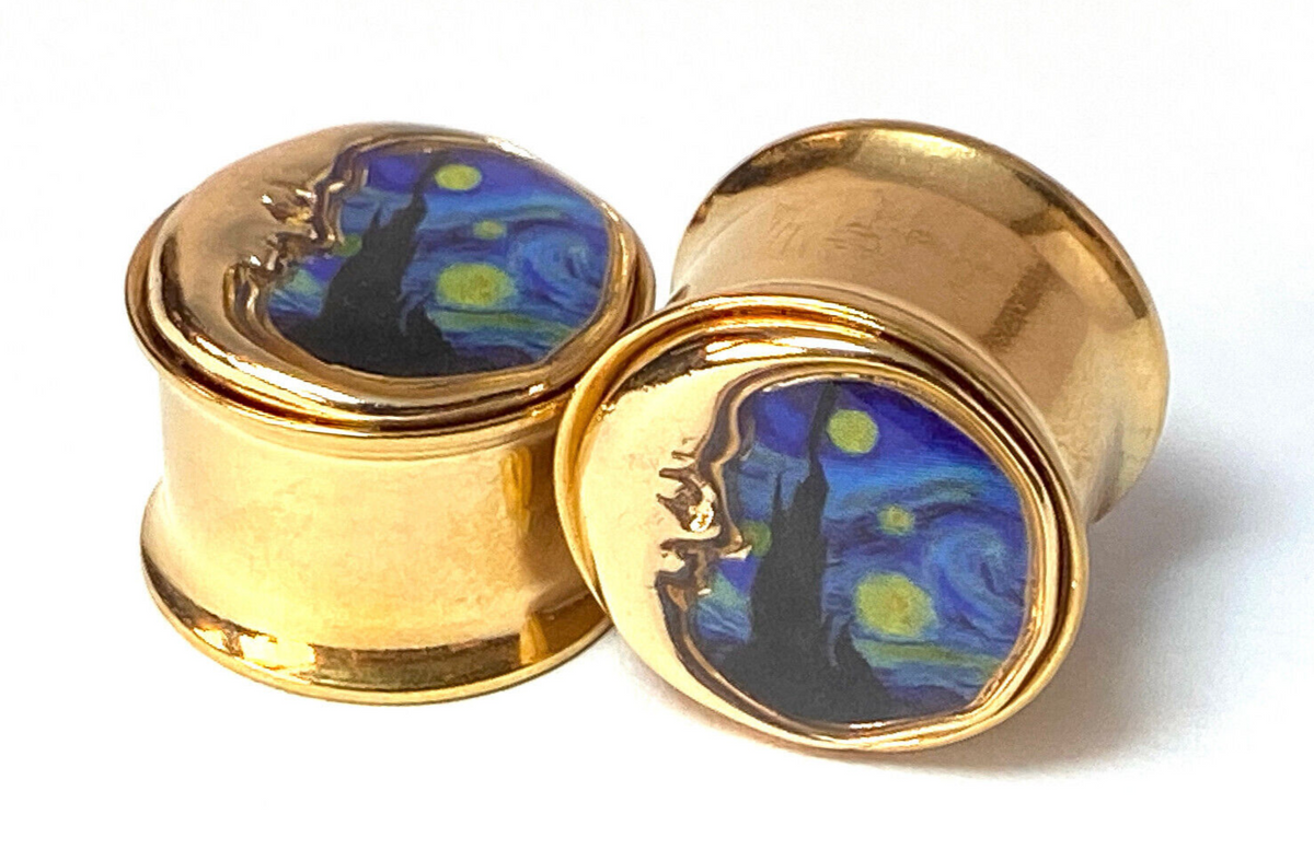 PAIR Starry Night w/ Moon Gold PVD Double Flare Tunnels Ear Plug Gauges Jewelry