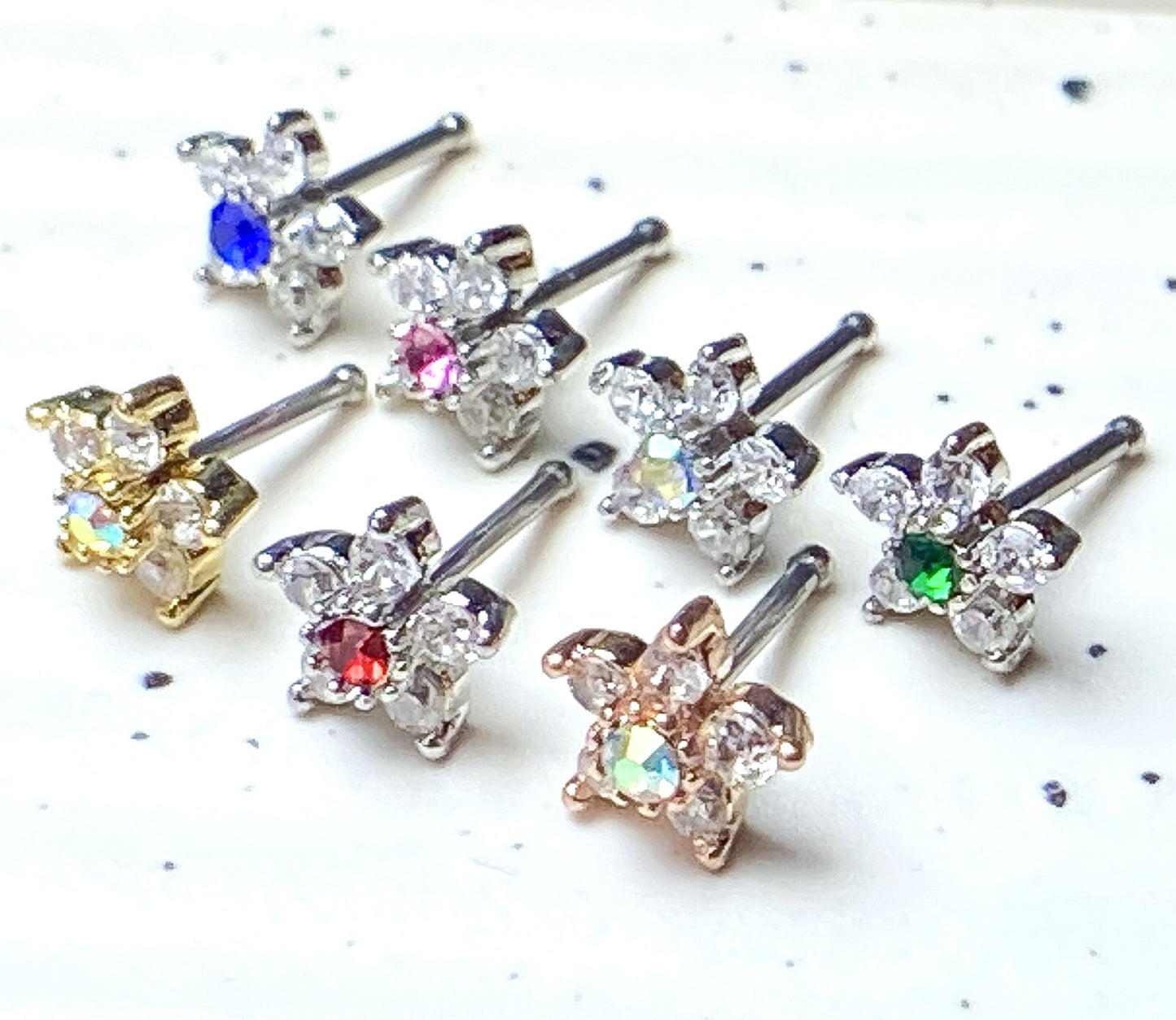 1pc Six CZ Gem Paved Flower Top 20g Nose Ring Stud 316L Surgical Steel