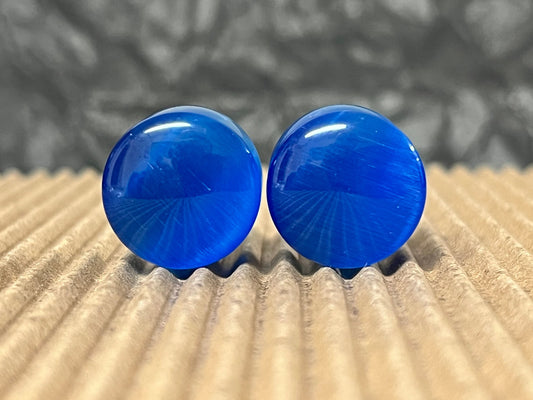 PAIR  Blue Cat Eye Stone Double Flare Plugs Tunnels Earlets Gauges Body Jewelry