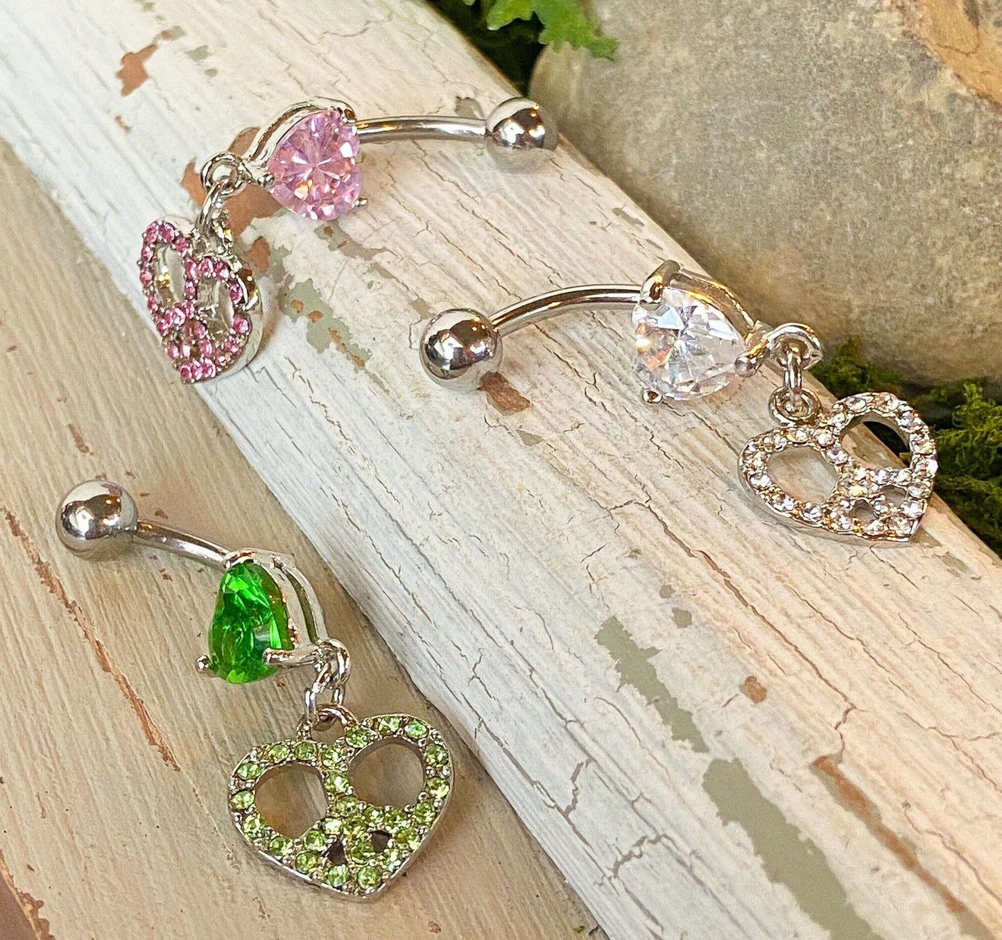 Peace Heart Gem Belly Ring Navel Naval Clear, Green, Pink