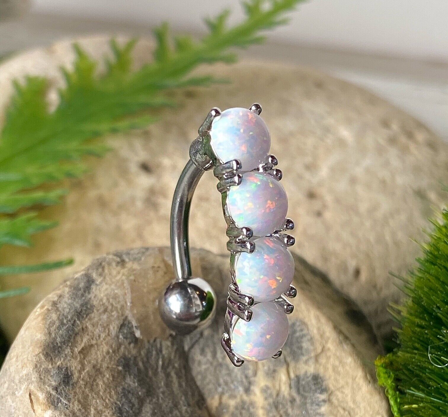 Reverse 4 Opal Stone Belly Ring Pierced Navel Naval Clear, Blue, Green