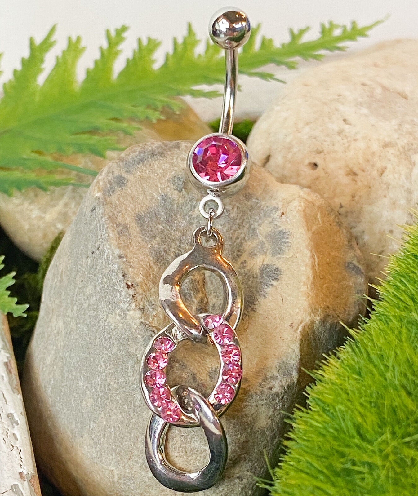 Triple Loop Belly Ring Navel CZ Gem Paved Circle Clear, Pink, Aqua