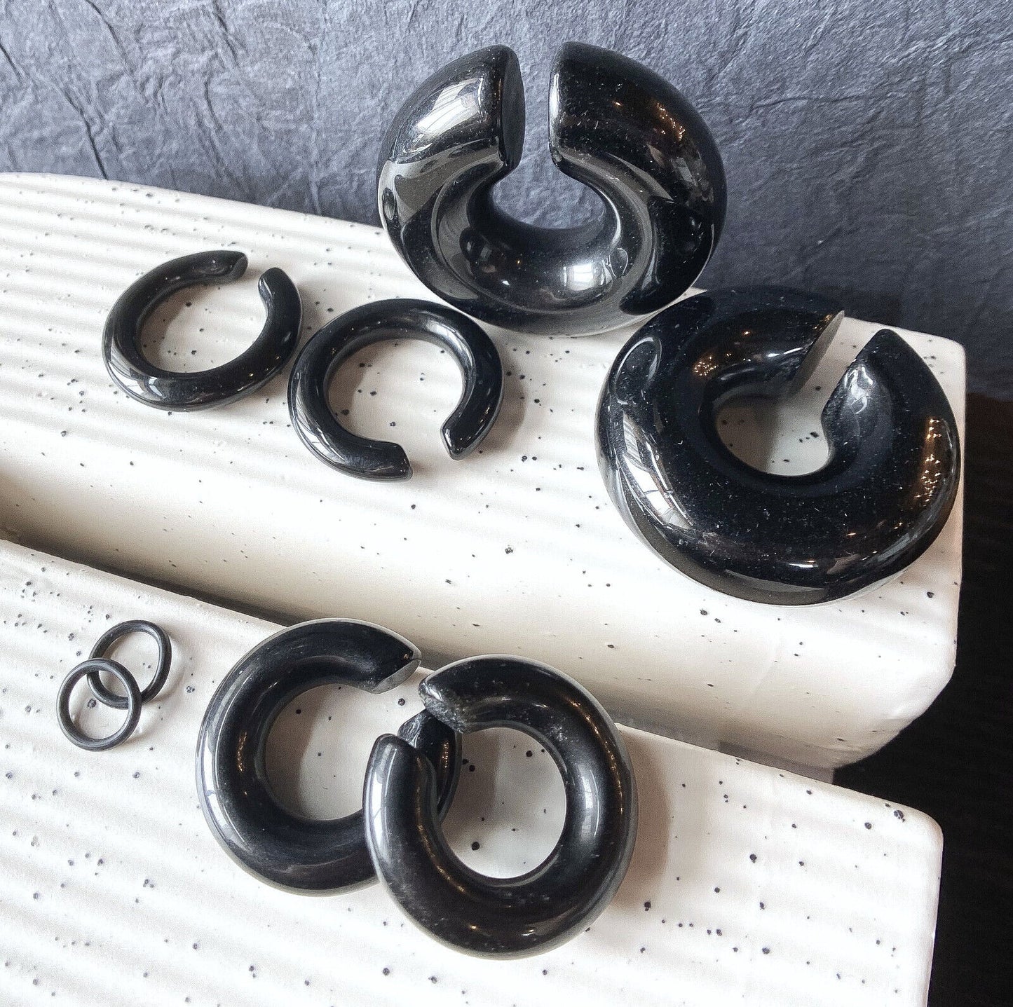 PAIR Black Onyx Stone Hoops Hanger Ear Weight Plug Gauge Tunnel Organic Earrings