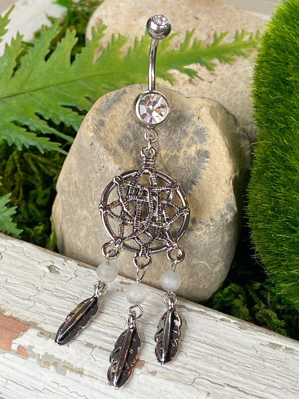 Dream Catcher Beaded Feather CZ Gem Belly Ring Navel Naval Clear, Pink, Aqua