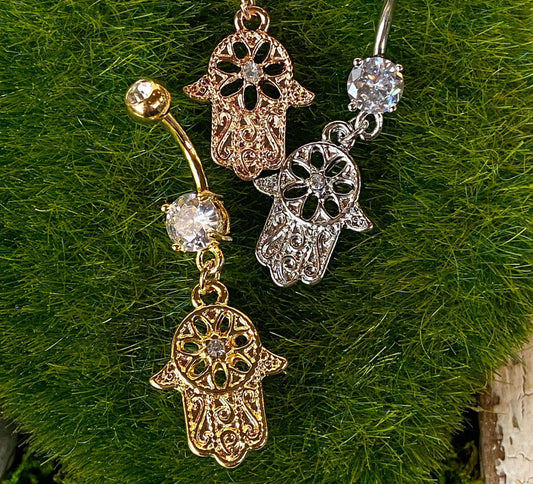 Beaded Outline Hamsa Belly Ring Gem CZ Dangle Pierced Navel Naval
