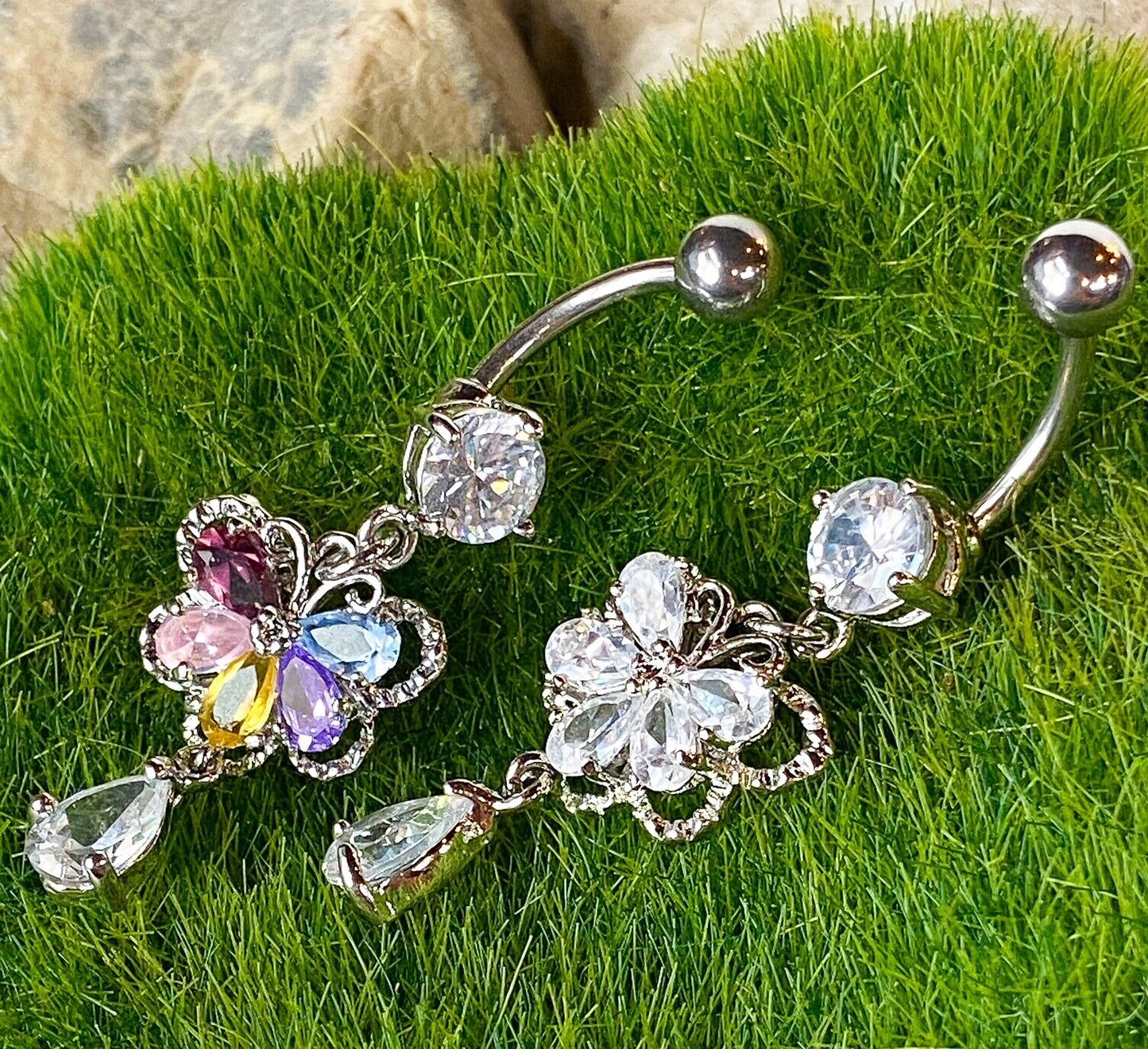 Butterfly CZ Gem Belly Ring Navel Naval Teardrop Dangle Clear, Mulitcolor