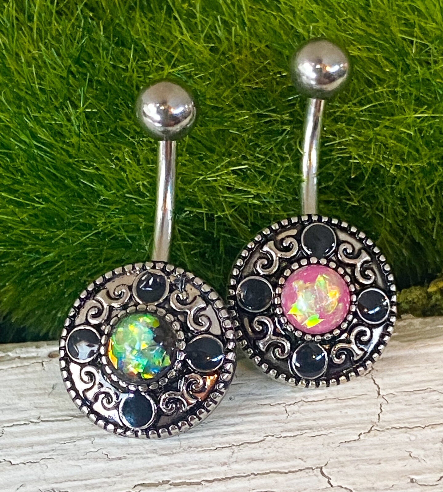 Vintage Shield Opal Center Belly Button Ring Navel Naval Body Piercing Jewelry