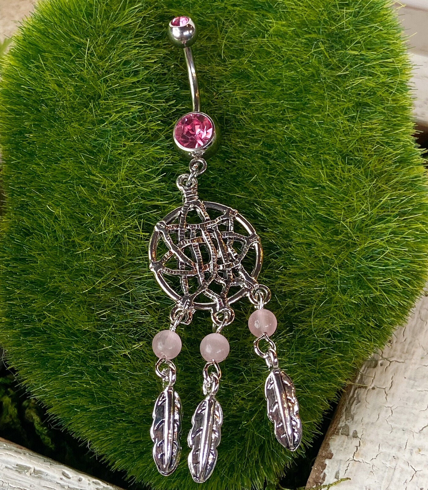 Dream Catcher Beaded Feather CZ Gem Belly Ring Navel Naval Clear, Pink, Aqua