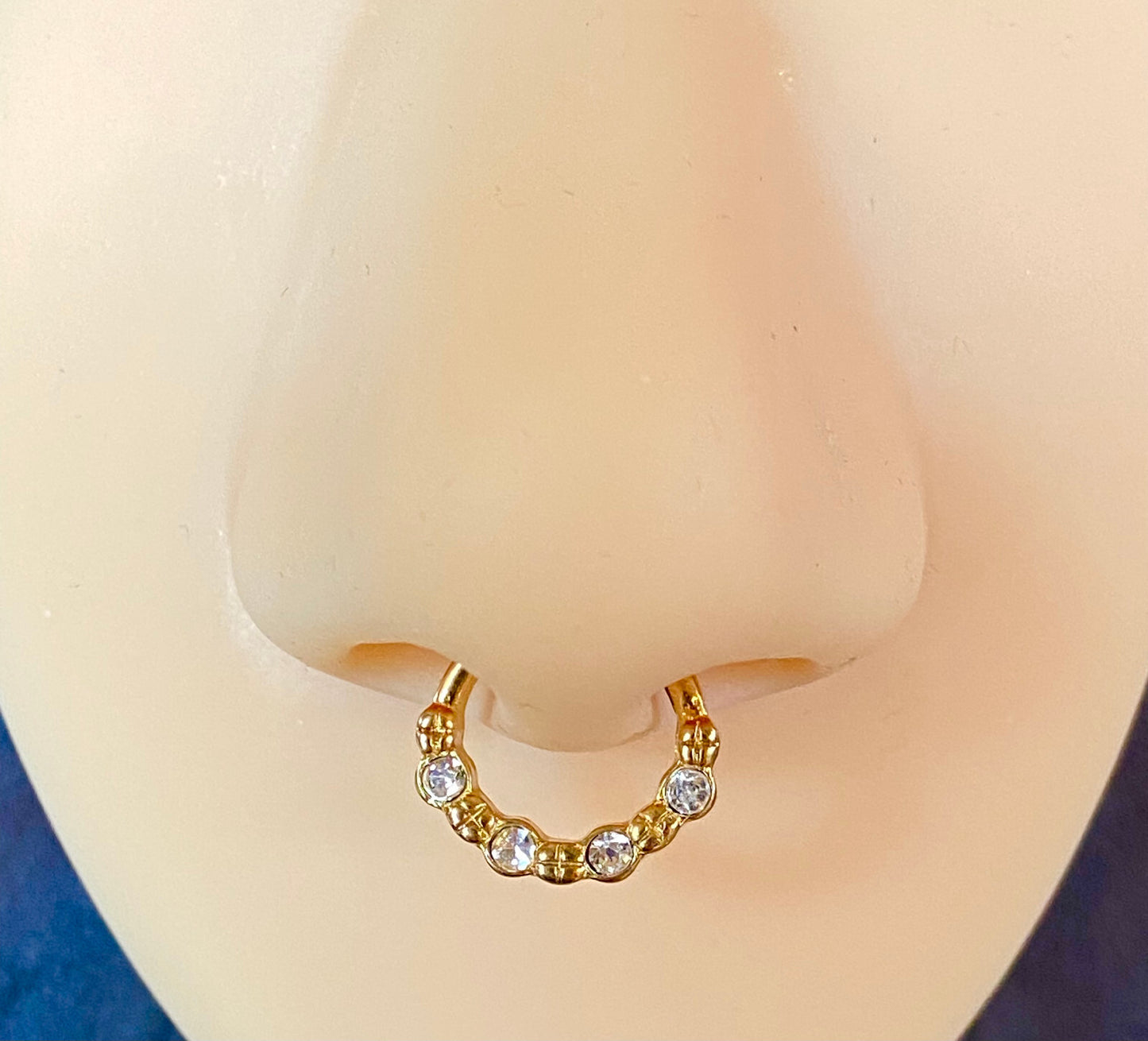 1pc 100% SURGICAL STEEL Non-Piercing Fake Septum Hanger 4 Crystal Gems Clip-on