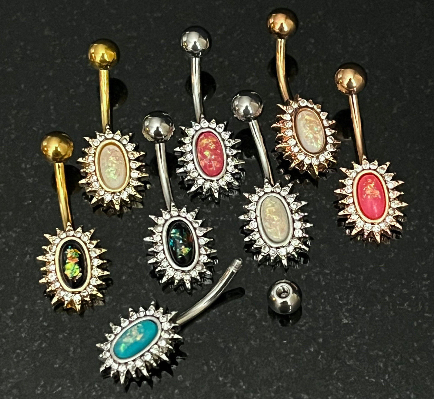 Crystal Paved Oval Sunburst Belly Ring Opal Glitter Center Naval Piercing Navel