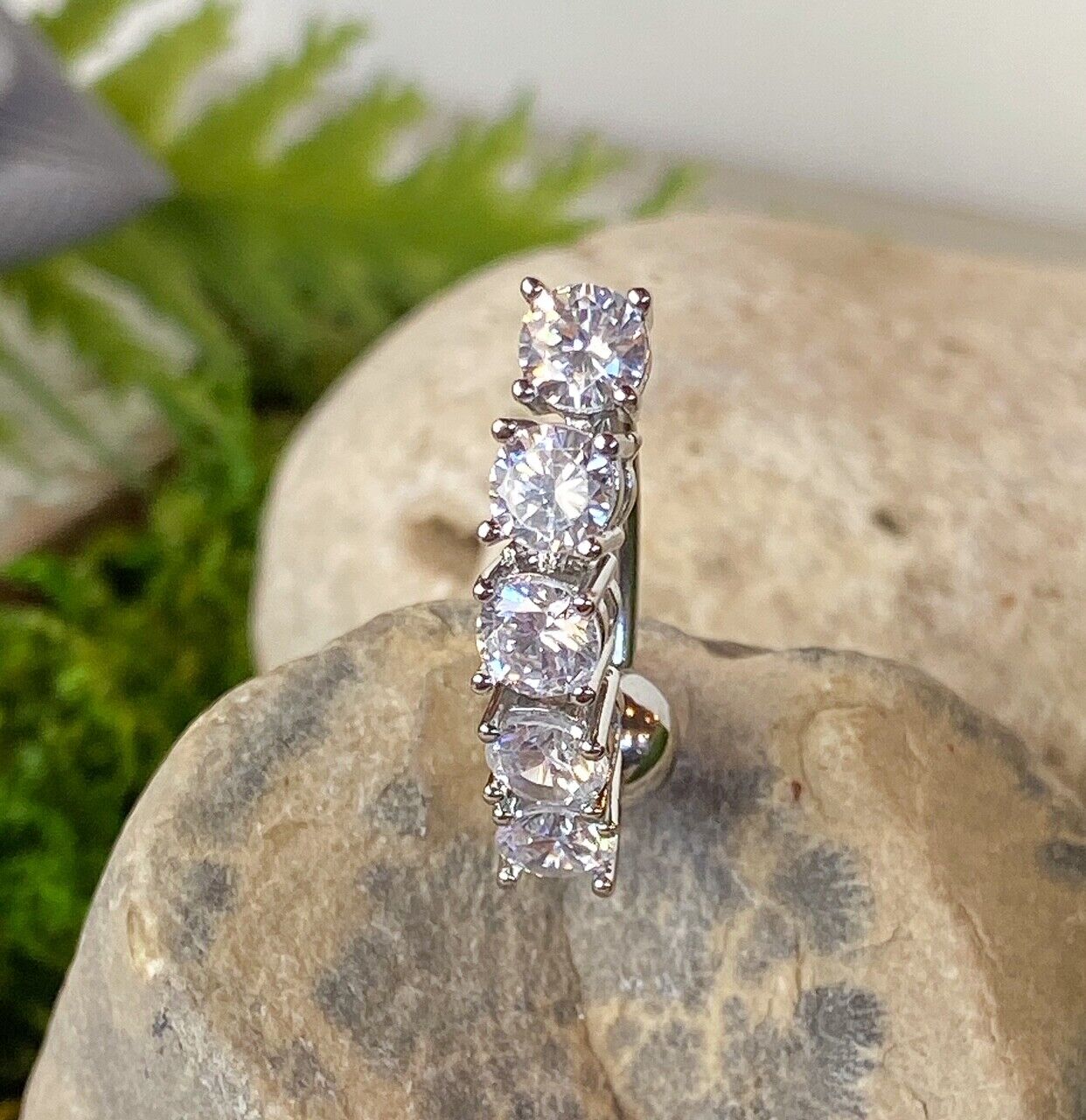 1pc Five CZ Gem Vertical Drop Belly Ring Reverse Navel Top Down Naval
