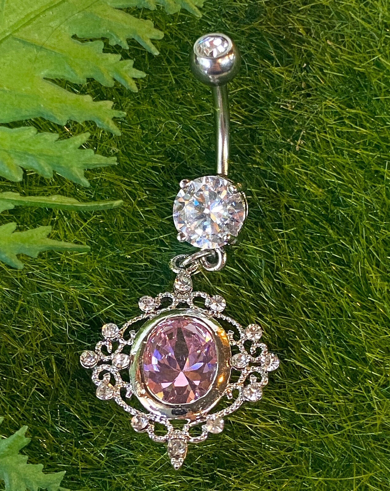 1pc Oval CZ Vintage Filigree Design Dangle Pierced Belly Navel Ring Body Jewelry