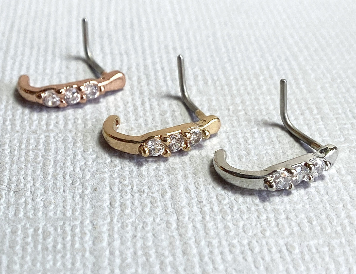 1pc 3-CZ Lined Nose Crawler L-Bend 20g Nose Ring Stud Screw 316L Surgical Steel