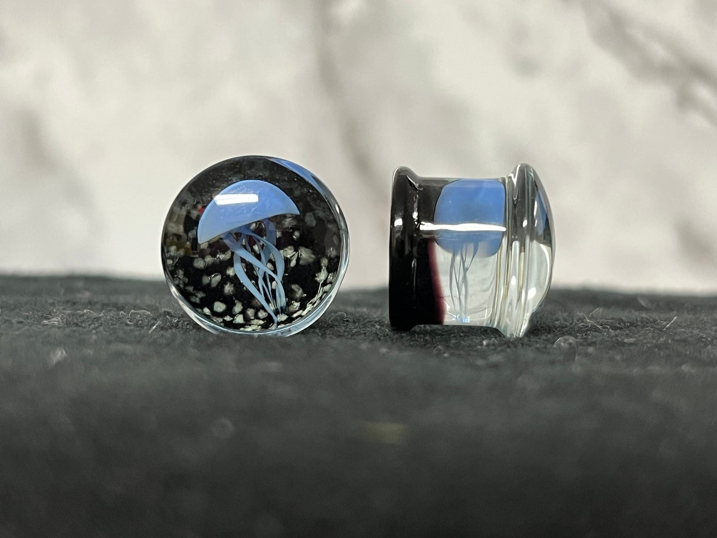PAIR Blue Jellyfish Glass Double Flare Plugs Tunnel Gauges Glow in the Dark