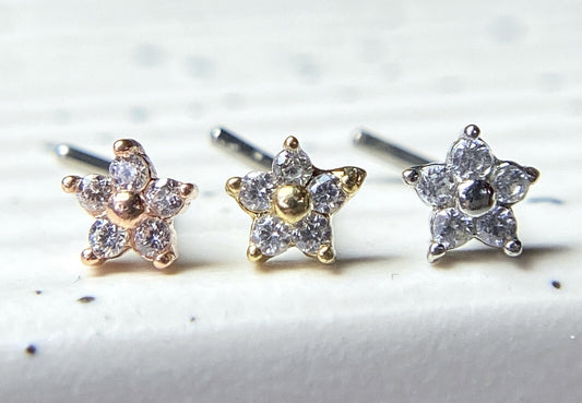 1pc Five CZ Gem Flower L-Bend 20g Nose Ring Stud Screw 316L Surgical Steel