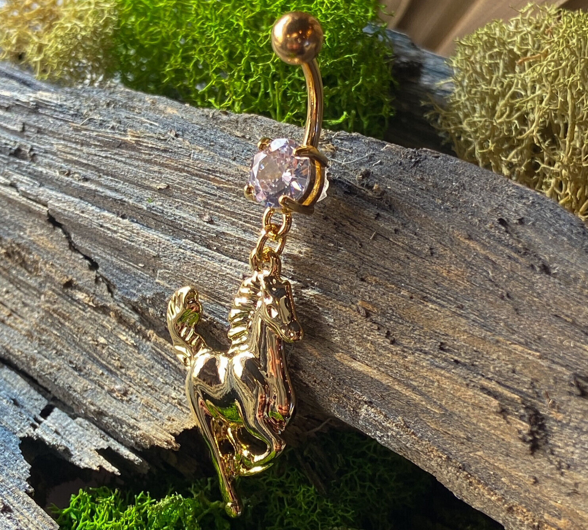 Gold Plated Horse CZ Gem Dangle Belly Ring Navel Piercing Pierced Naval Jewelry