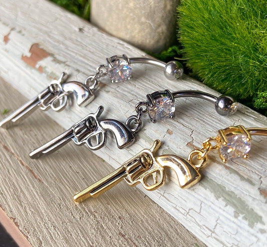 Gun Dangle Belly Ring CZ Gem Pierced Navel Stainless Steel, IP Gold, Hematite
