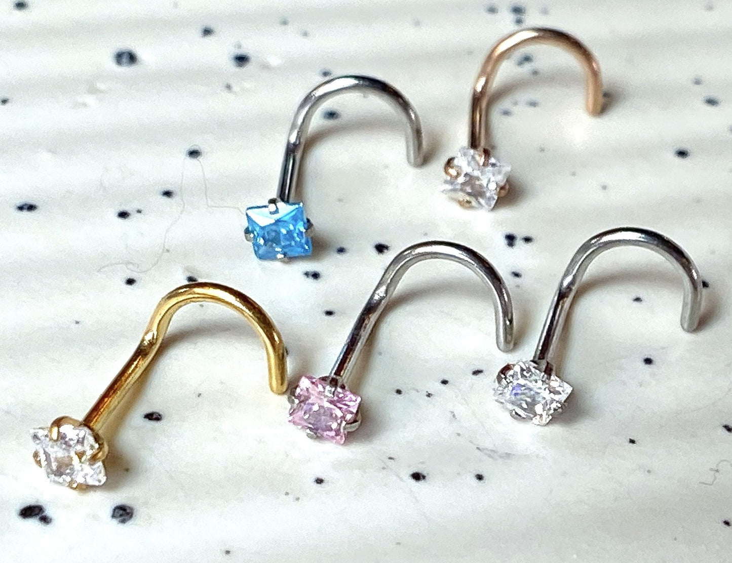 5pcs Prong Set Square Gem Nose Ring Screws 316L Surgical Steel Body Jewelry