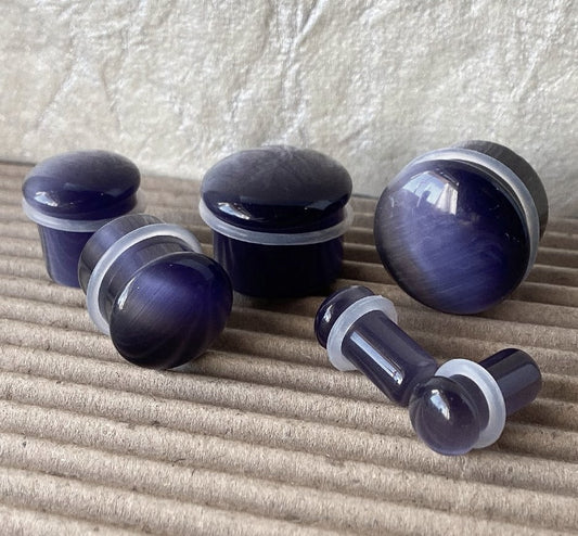 PAIR Violet Cat Eye Stone Plugs Single Flare Tunnels Earlets Gauges Body Jewelry