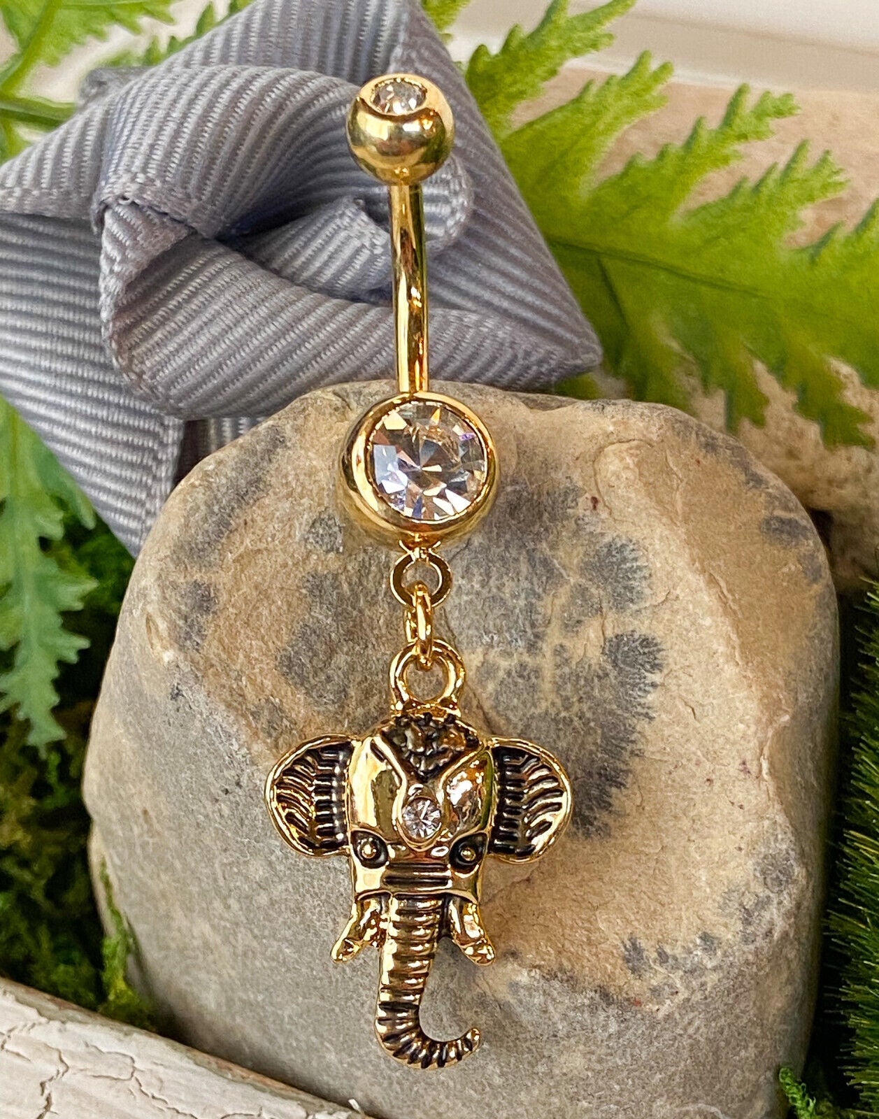 1pc Elephant Dangle Double CZ Gem Belly Ring Pierced Navel Naval
