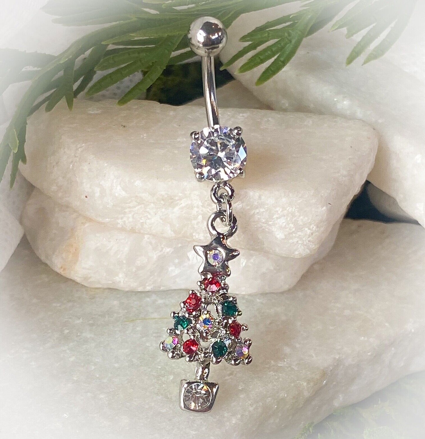 Christmas Dangle Belly Ring Pierced Navel Holiday Surgical Steel 14k Gold IP